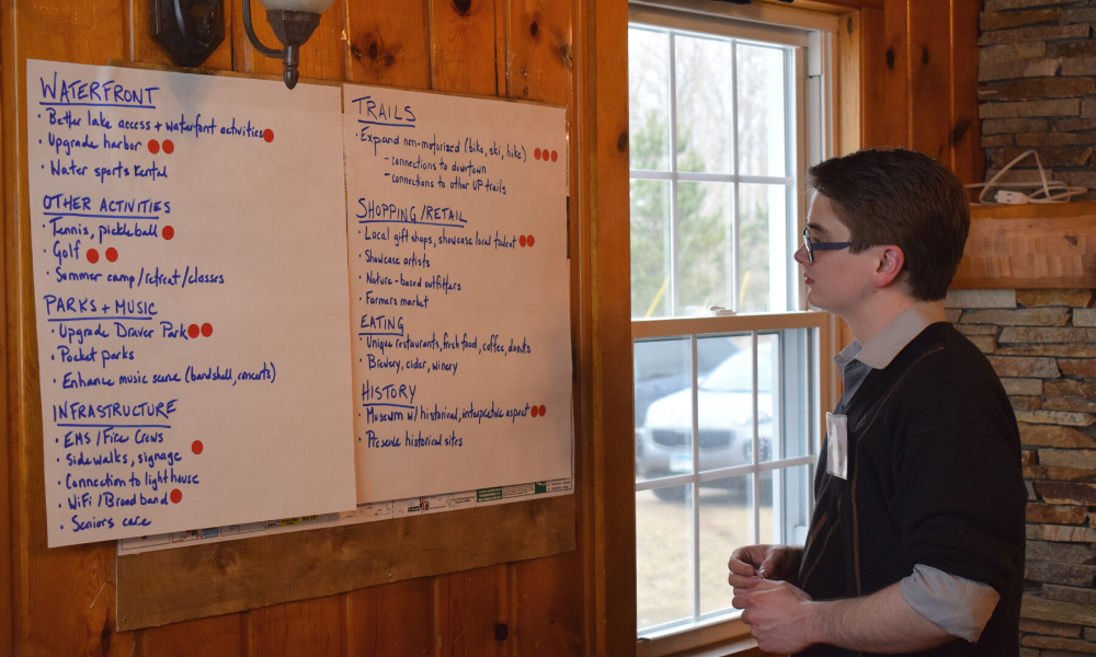 A person in a cabin in Michigan, planning destination stewardship with a poster-board posted on a wall. Some of the headings of the plan are: Waterfront, trails, eating, history, and infrastructure. 