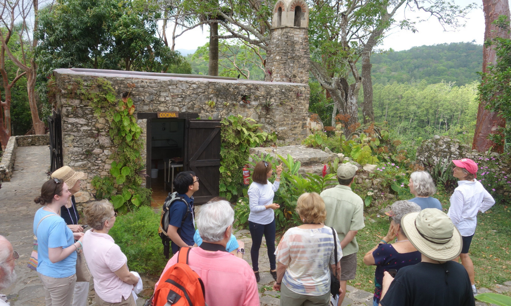 A small group of tourists gather around a guide as she describes their surroundings.  