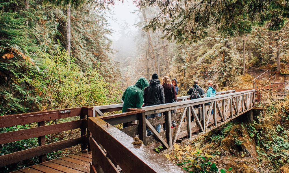 People on a bridge while on a hike.