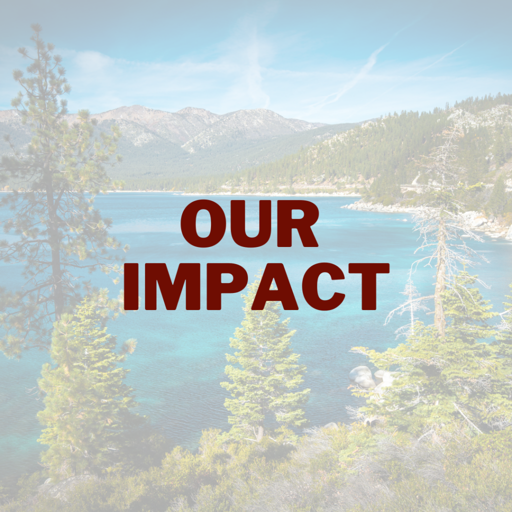 view of Lake Tahoe through the trees, overlayed with text 'our approach'