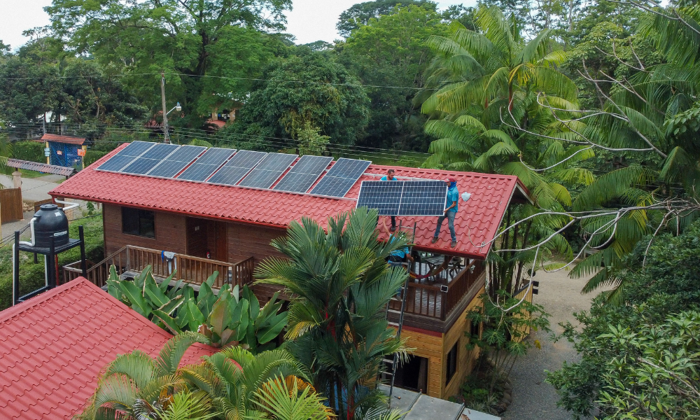 solar panels on a red-roofed building in a tropical jungle.